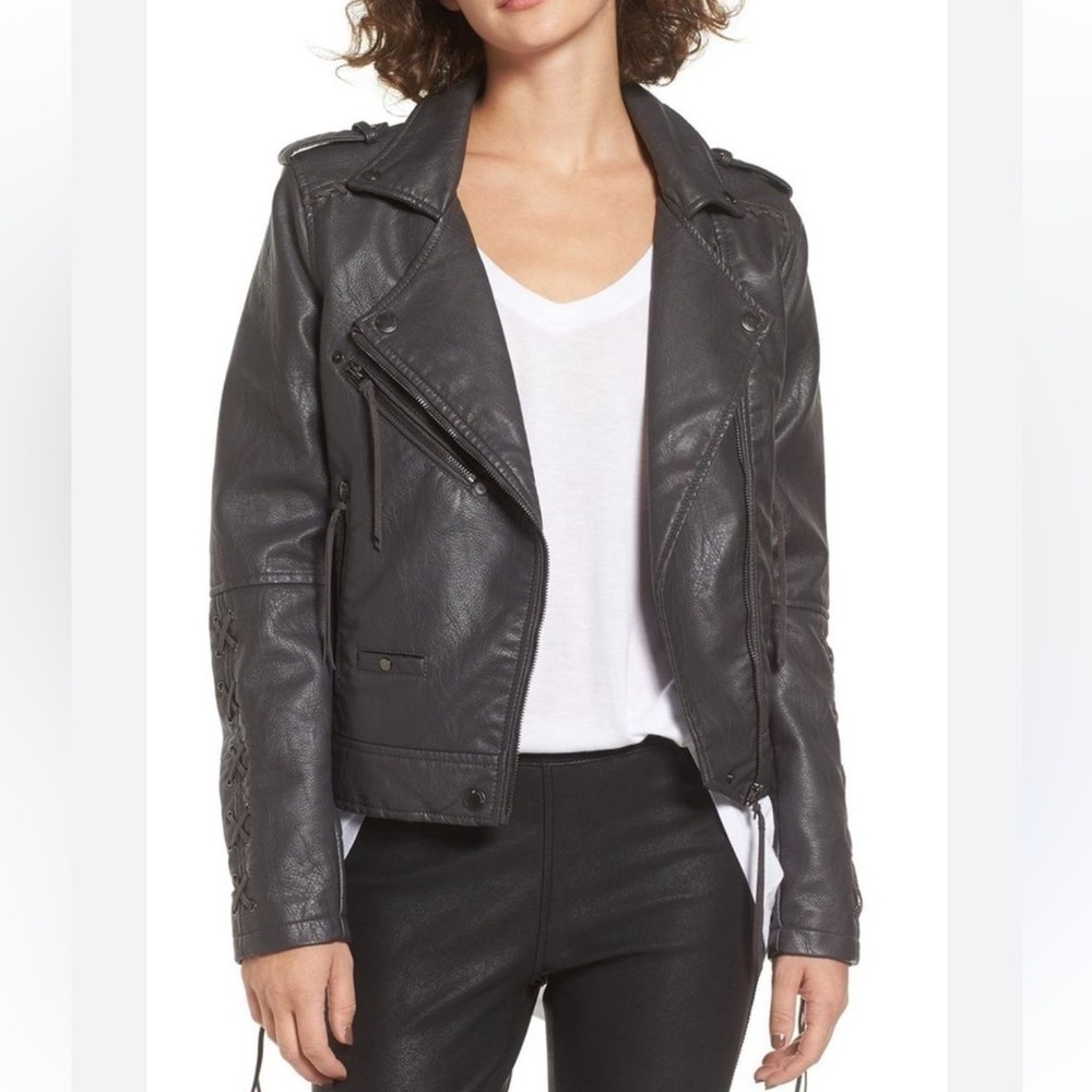 Blank NYC Faux Leather Moto Jacket Braided Zipper Dark Gray Sz XS